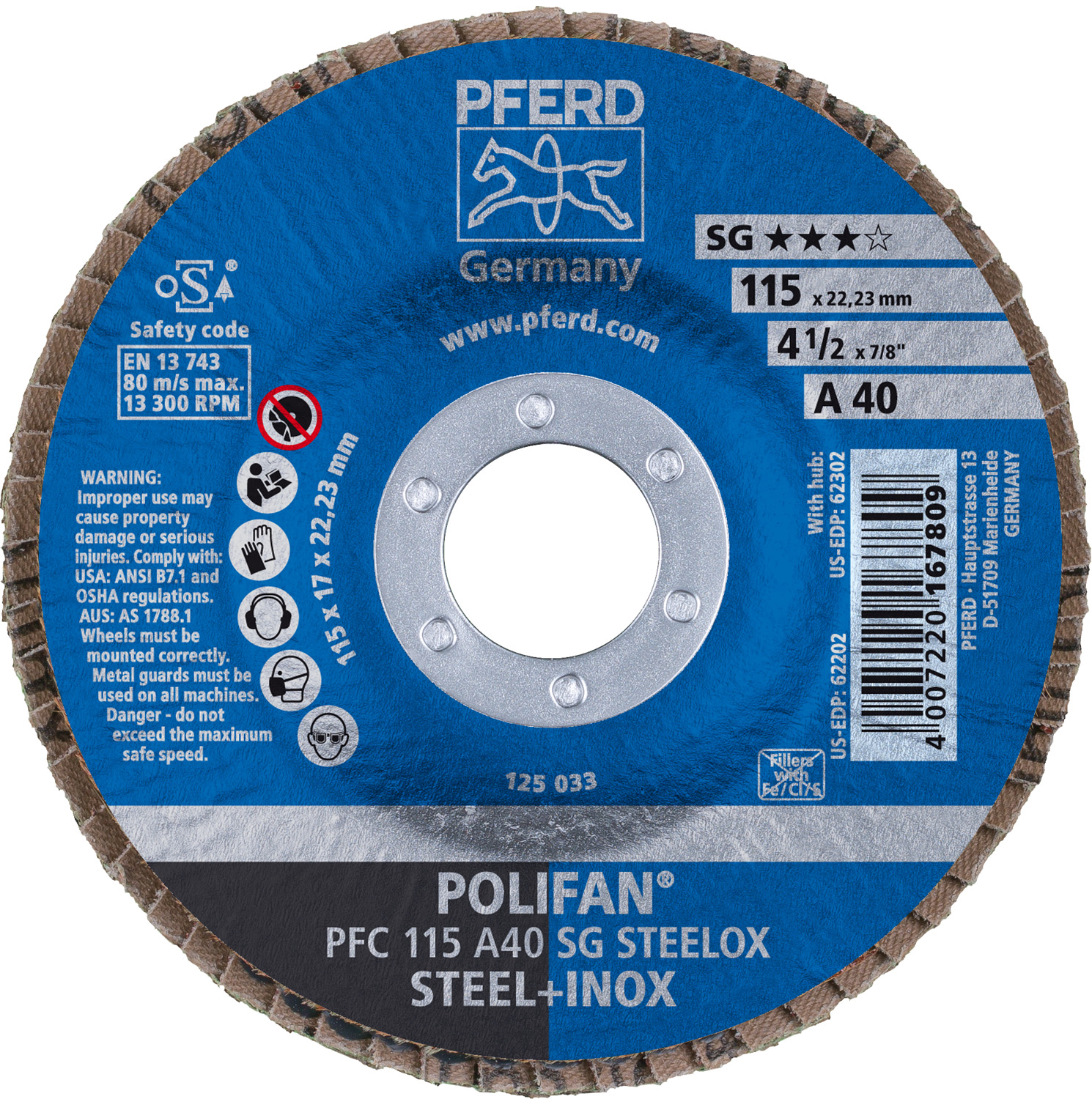 4-1/2" x 7/8" A.H. POLIFAN® Flap Disc, A SG STEELOX, Aluminum oxide, 40 Grit, Conical
